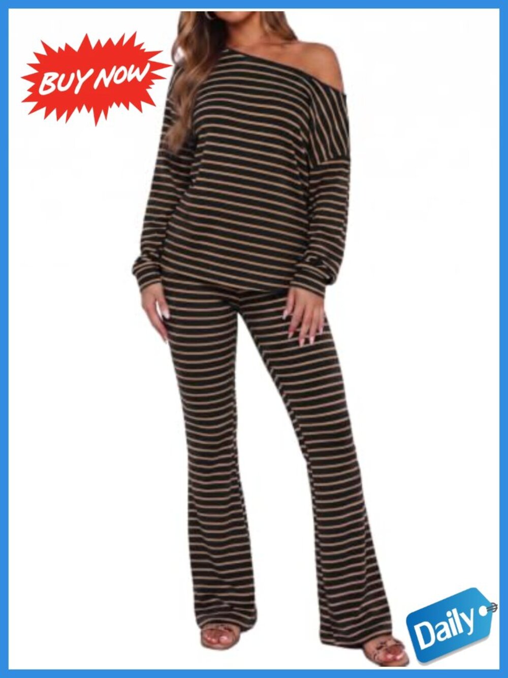 2 Piece Outfit Striped One Shoulder Long Sleeve Top High Waist Flare Pants Set